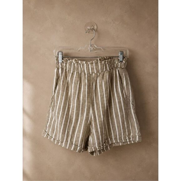 Anthropologie Pants - ICHI Sz M Striped Paperbag Shorts Beige White Linen Look Coastal Anthropologie